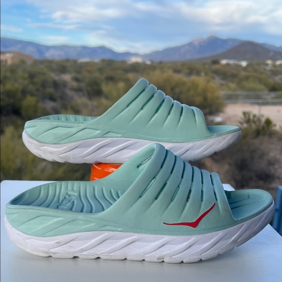 Hoka One One Mint Green & White Slides / with Red Accent - Picture 10 of 16